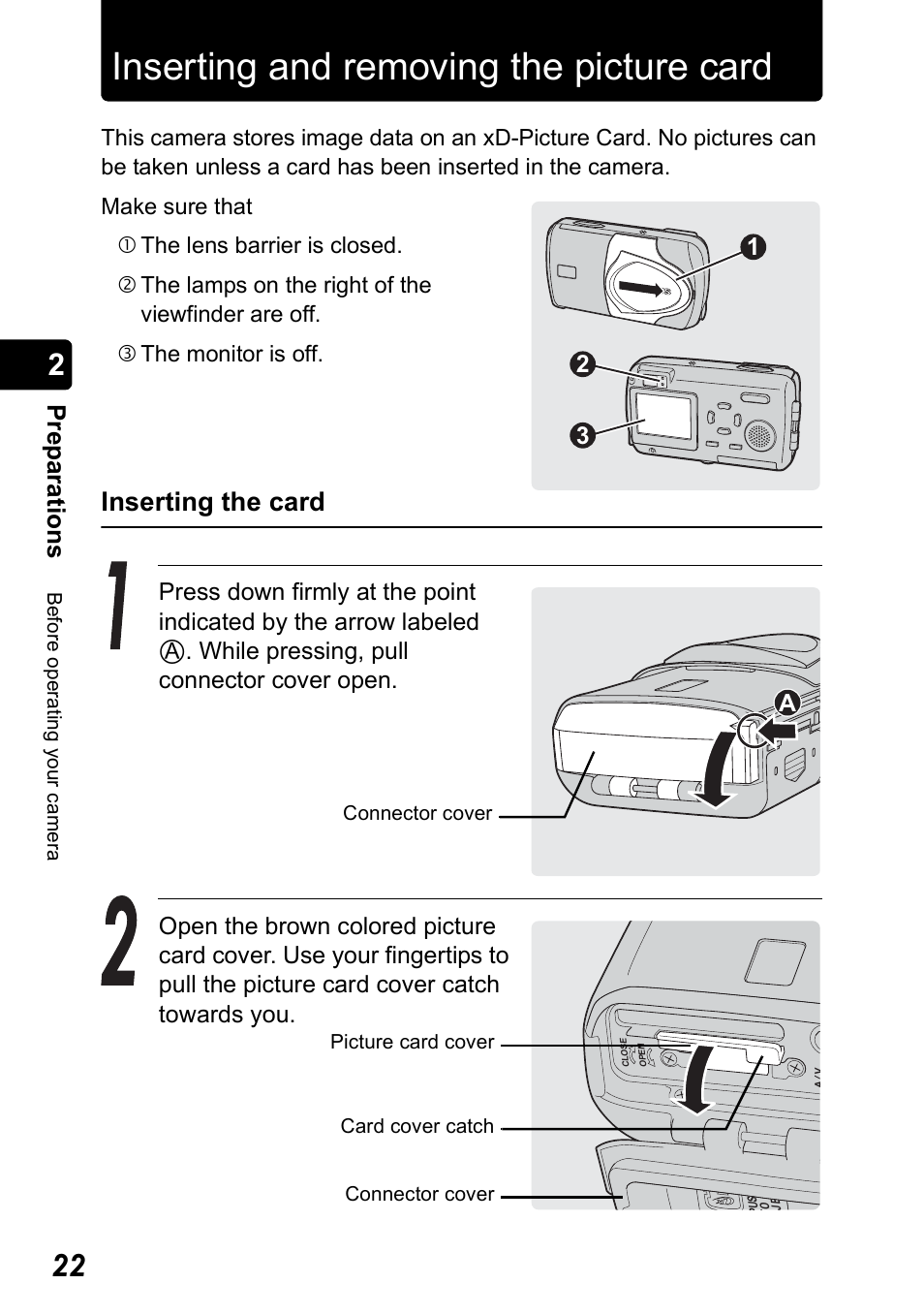 Inserting and removing the picture card, Inserting the card, Pr ep ara tio n s | Olympus Stylus 410 Digital User Manual | Page 22 / 228