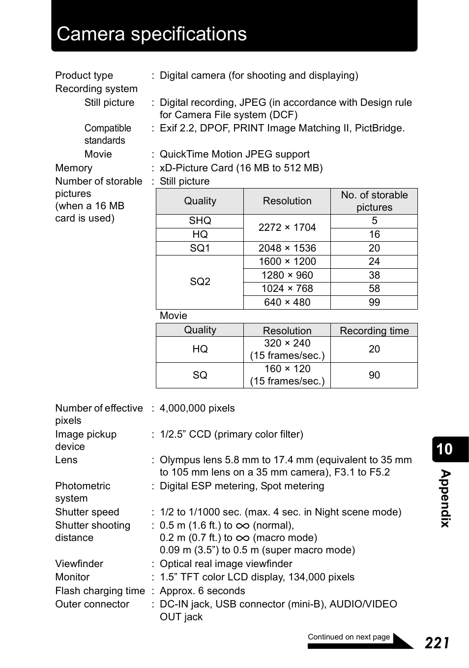 Camera specifications, App e ndix | Olympus Stylus 410 Digital User Manual | Page 221 / 228