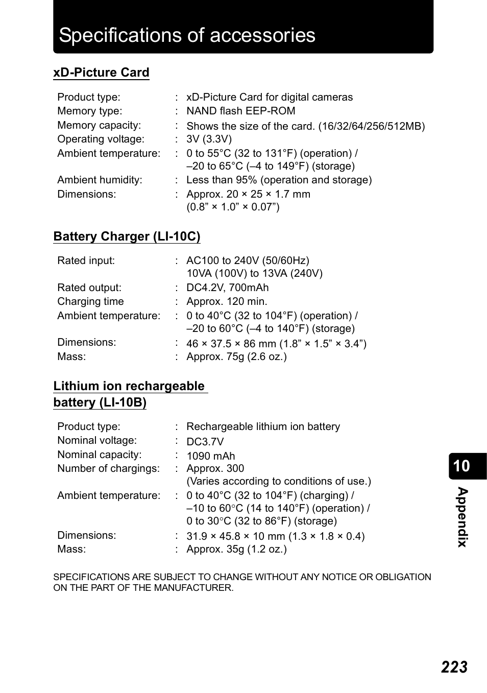 Specifications of accessories, App e ndix | Olympus Stylus 410 Digital User Manual | Page 223 / 228