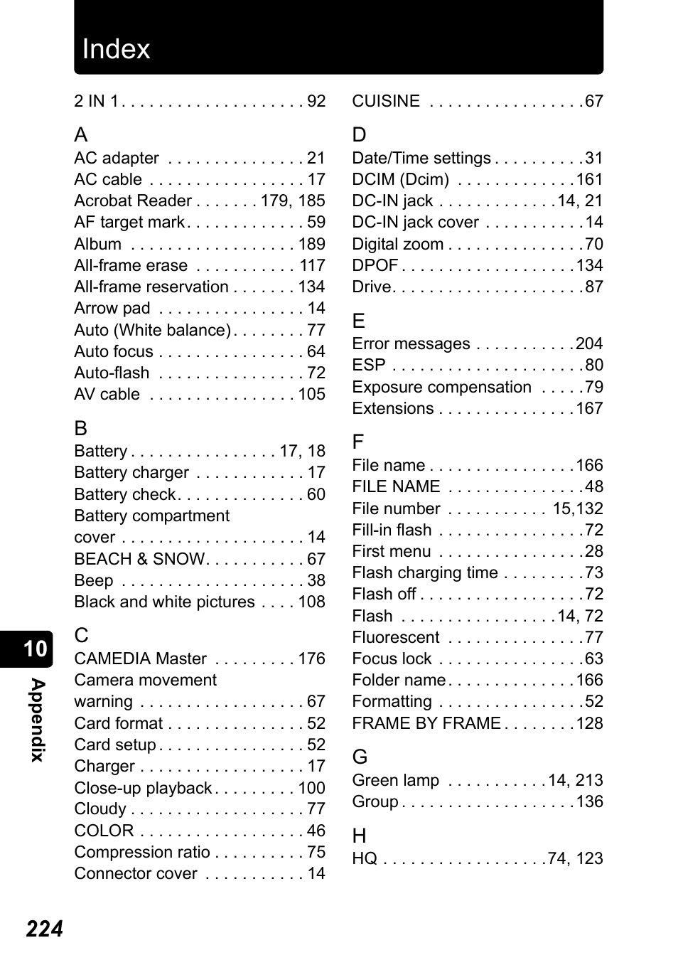 Index | Olympus Stylus 410 Digital User Manual | Page 224 / 228