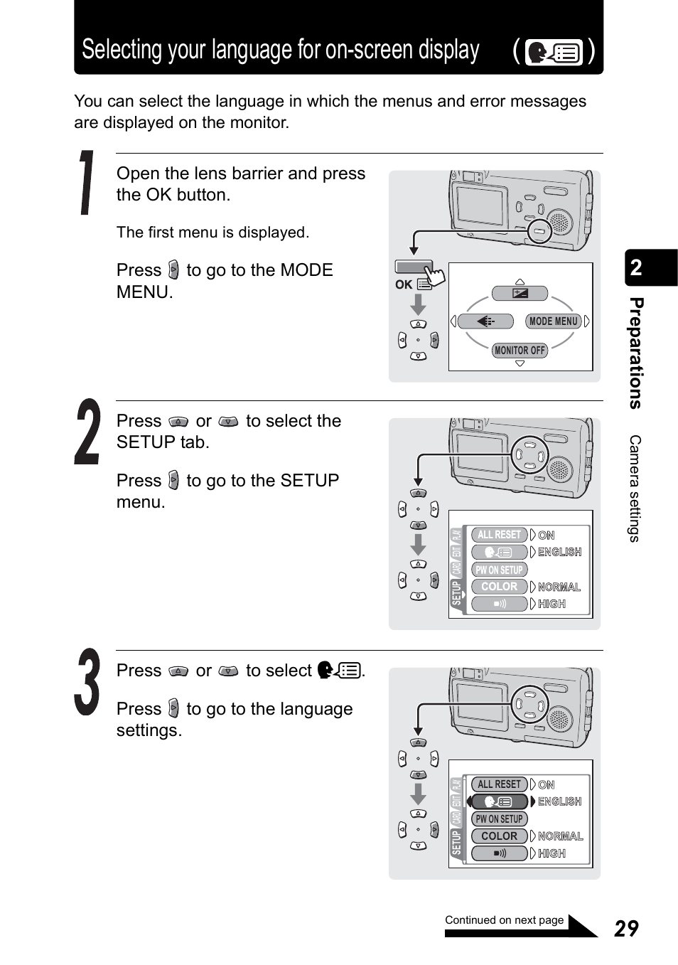 Selecting your language for on-screen display, Setting the date and time, Selecting your language for on-screen display ( ) | Pr ep ara tio n s, Open the lens barrier and press the ok button | Olympus Stylus 410 Digital User Manual | Page 29 / 228