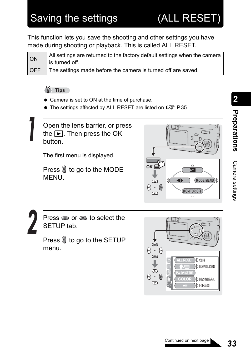 Saving the settings (all reset), Saving the settings(all reset), Pr ep ara tio n s | Olympus Stylus 410 Digital User Manual | Page 33 / 228