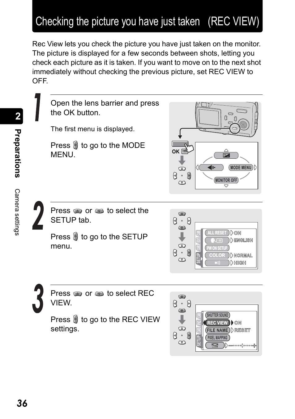 Pr ep ara tio n s, Open the lens barrier and press the ok button | Olympus Stylus 410 Digital User Manual | Page 36 / 228