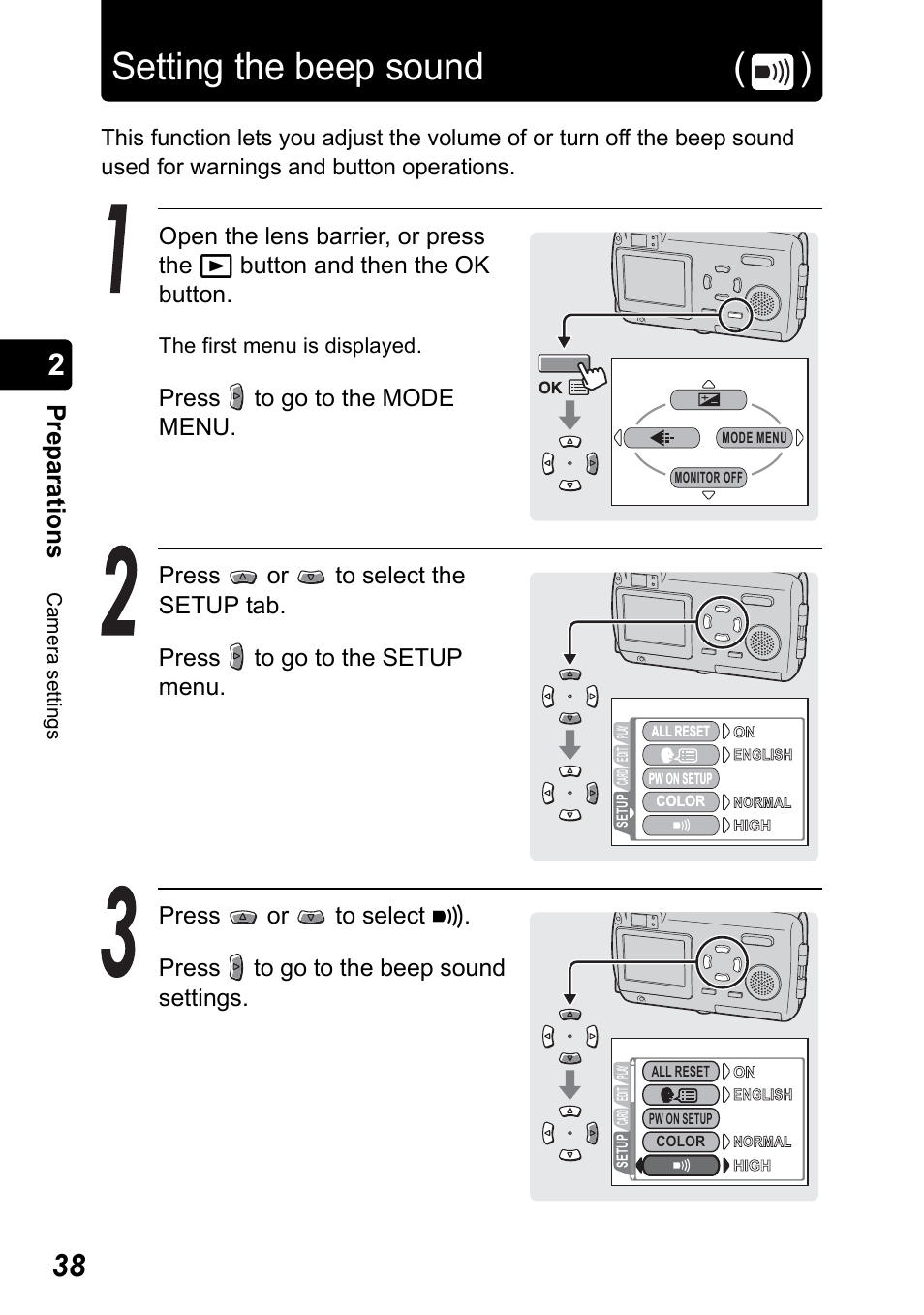 Setting the beep sound, Setting the beep sound ( ), Pr ep ara tio n s | Olympus Stylus 410 Digital User Manual | Page 38 / 228