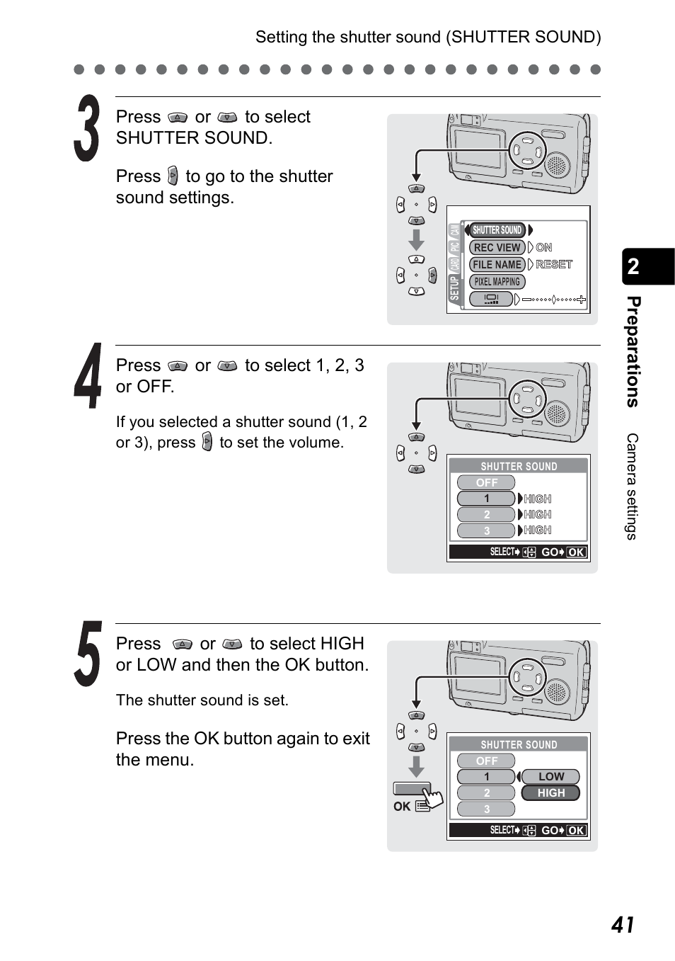 Pr ep ara tio n s, Press the ok button again to exit the menu, Setting the shutter sound (shutter sound) | Olympus Stylus 410 Digital User Manual | Page 41 / 228