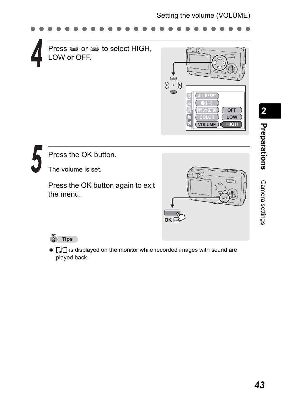 P.43, Pr ep ara tio n s, Press the ok button again to exit the menu | Setting the volume (volume) | Olympus Stylus 410 Digital User Manual | Page 43 / 228