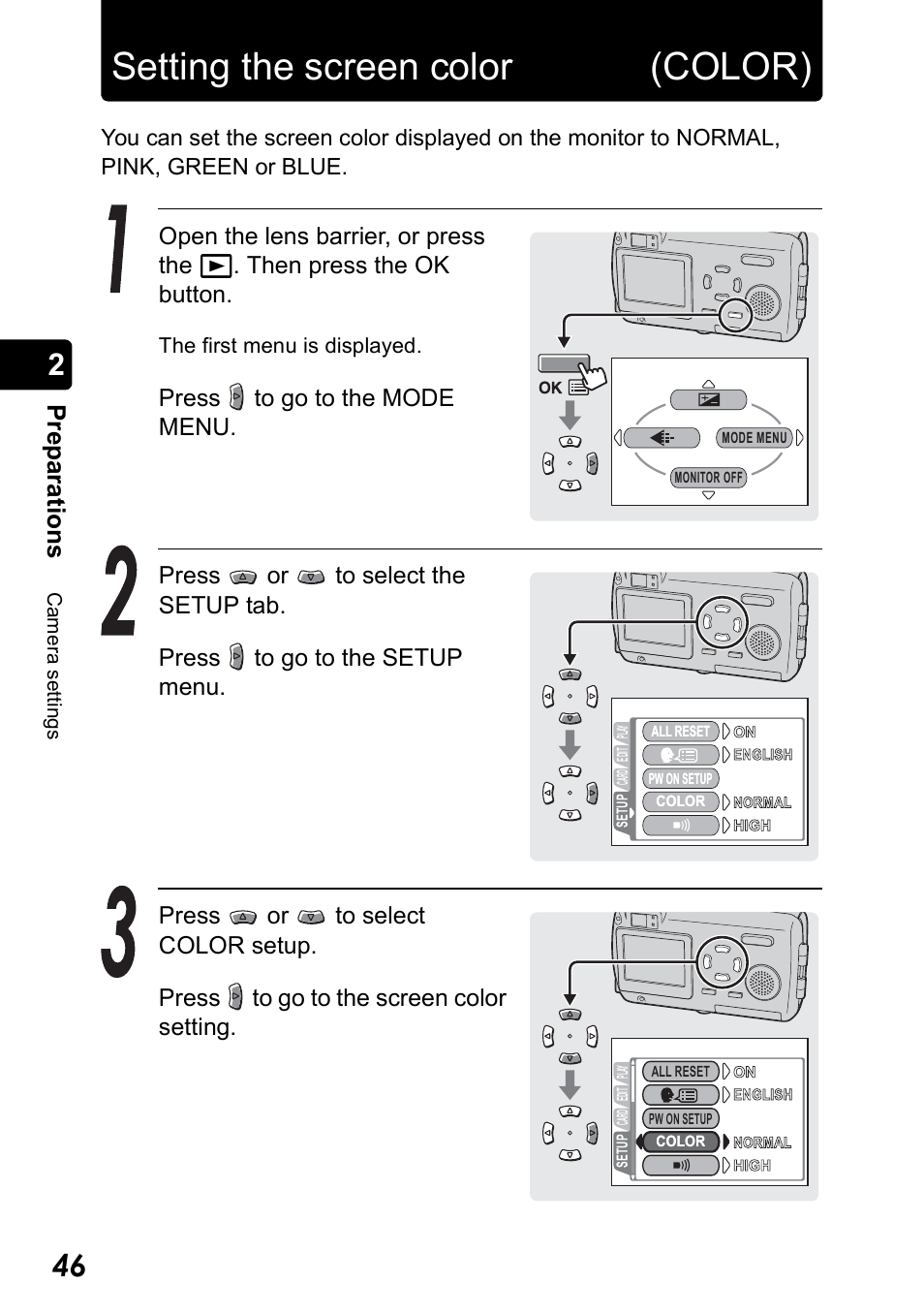 Setting the screen color (color), Pr ep ara tio n s | Olympus Stylus 410 Digital User Manual | Page 46 / 228