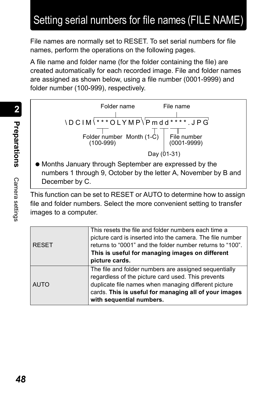 Setting serial numbers for file names (file name), Setting serial numbers for file names(file name), P.48 | Pr ep ara tio n s | Olympus Stylus 410 Digital User Manual | Page 48 / 228