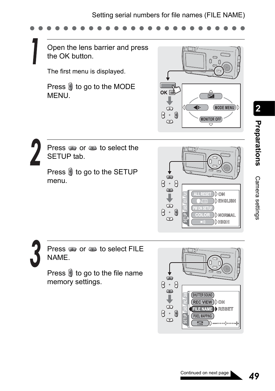 Pr ep ara tio n s, Open the lens barrier and press the ok button, Setting serial numbers for file names (file name) | The first menu is displayed | Olympus Stylus 410 Digital User Manual | Page 49 / 228