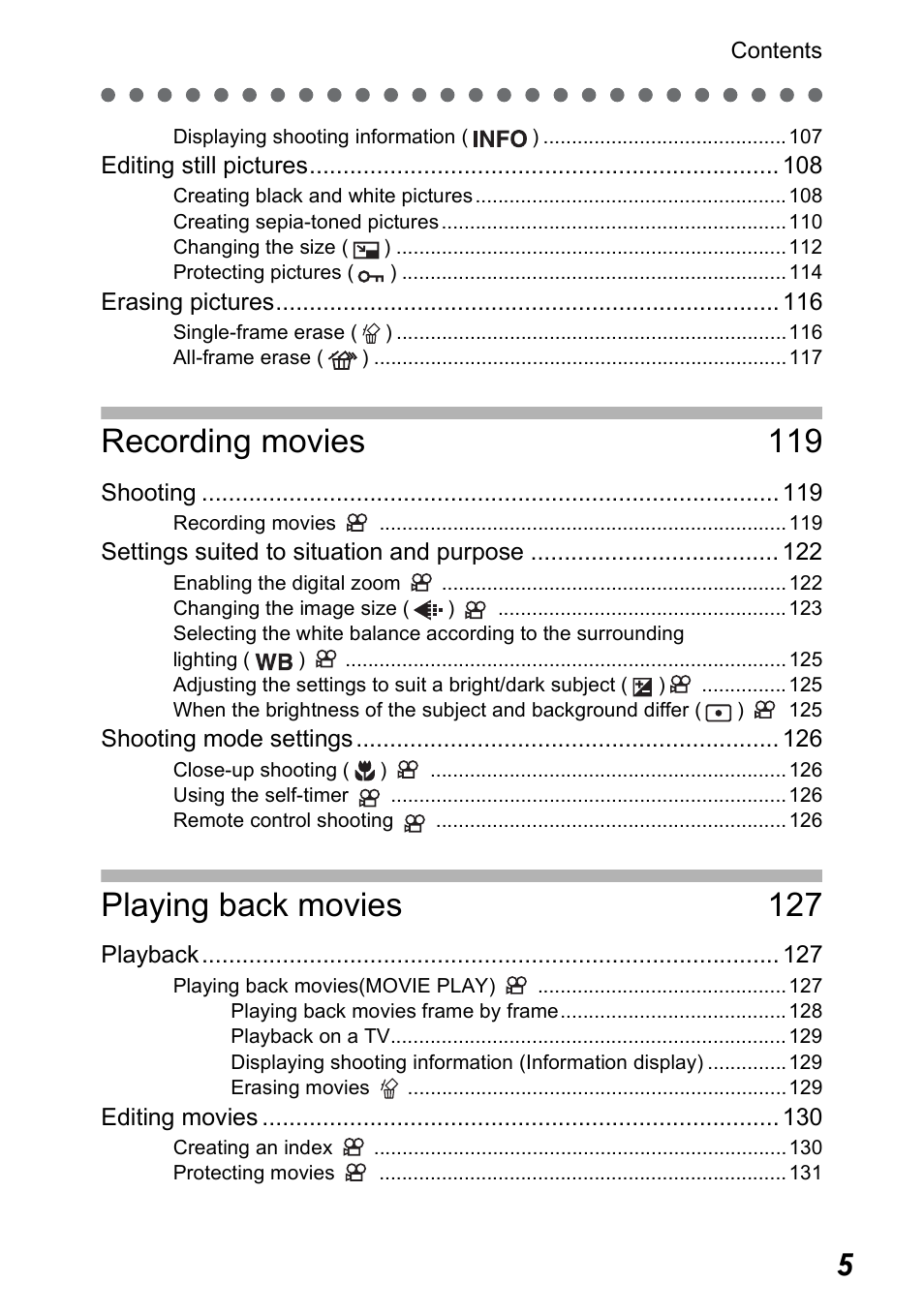 Recording movies 119, Playing back movies 127 | Olympus Stylus 410 Digital User Manual | Page 5 / 228