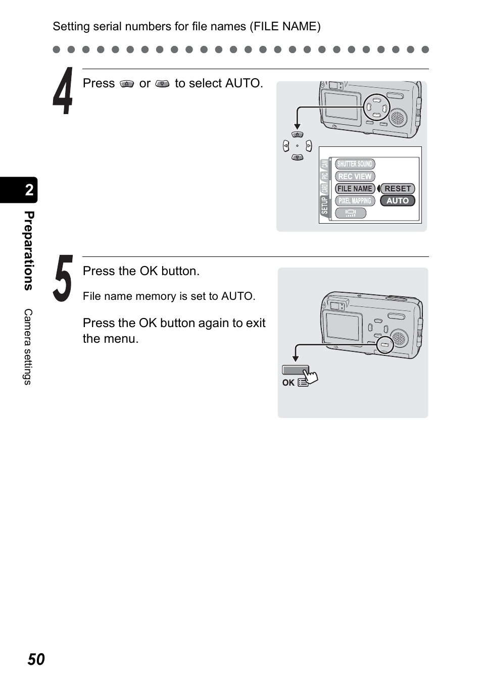Pr ep ara tio n s, Press or to select auto. press the ok button, Press the ok button again to exit the menu | Olympus Stylus 410 Digital User Manual | Page 50 / 228