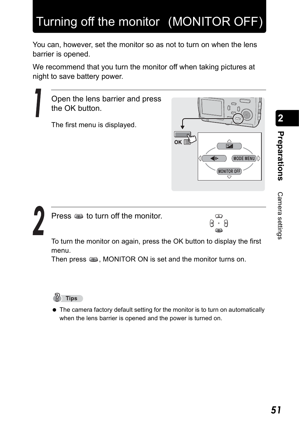 Turning off the monitor (monitor off), Turning off the monitor(monitor off), P.51 | Olympus Stylus 410 Digital User Manual | Page 51 / 228