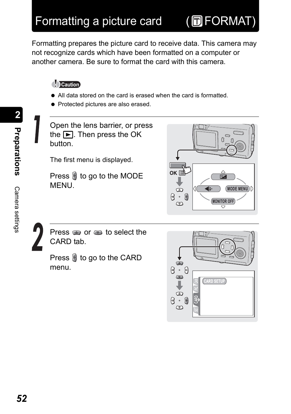 Formatting a picture card, Format), Formatting a picture card ( format) | Pr ep ara tio n s | Olympus Stylus 410 Digital User Manual | Page 52 / 228