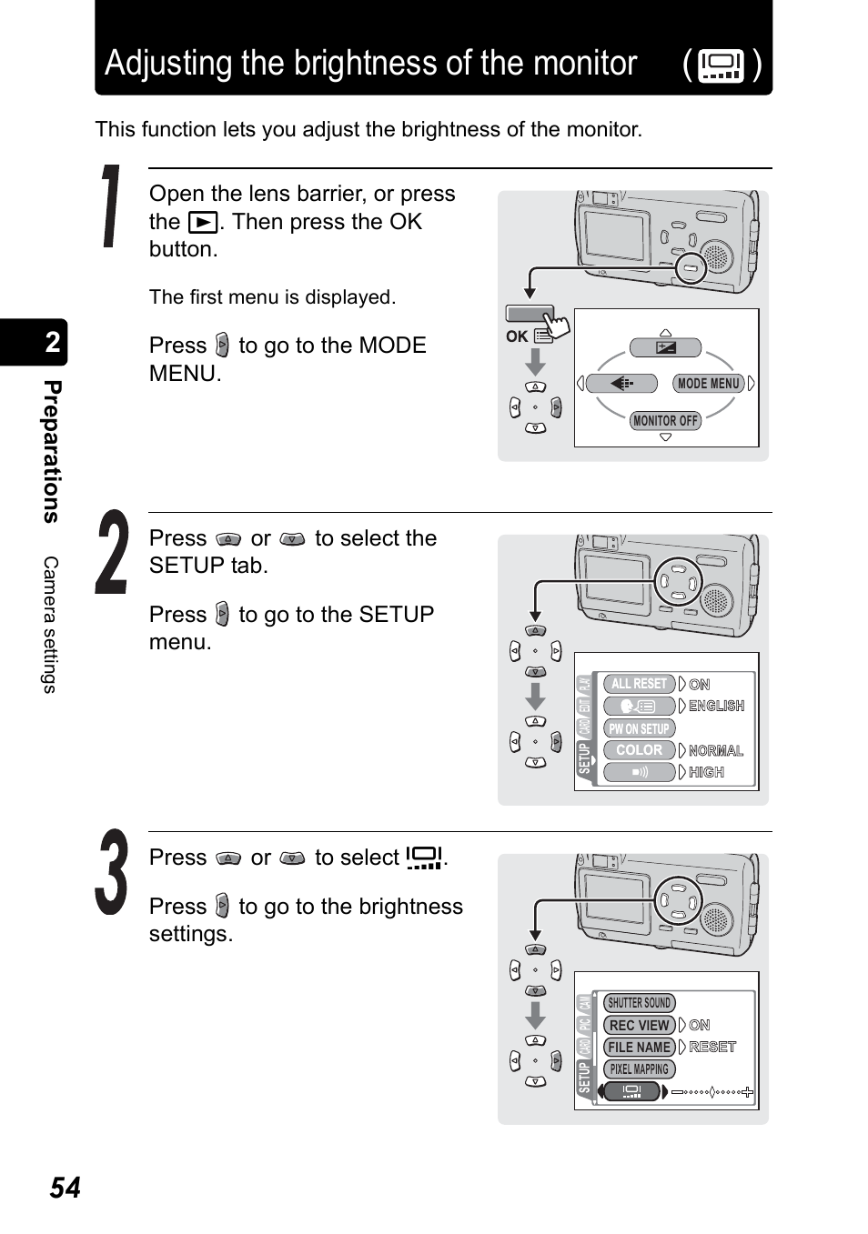 Adjusting the brightness of the monitor, Adjusting the brightness of the monitor ( ), Pr ep ara tio n s | Olympus Stylus 410 Digital User Manual | Page 54 / 228
