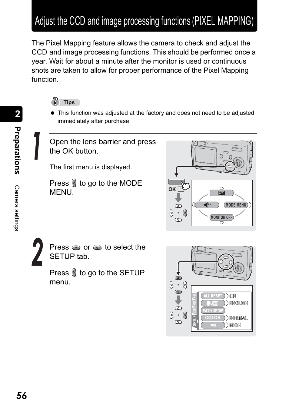 Pr ep ara tio n s, Open the lens barrier and press the ok button | Olympus Stylus 410 Digital User Manual | Page 56 / 228