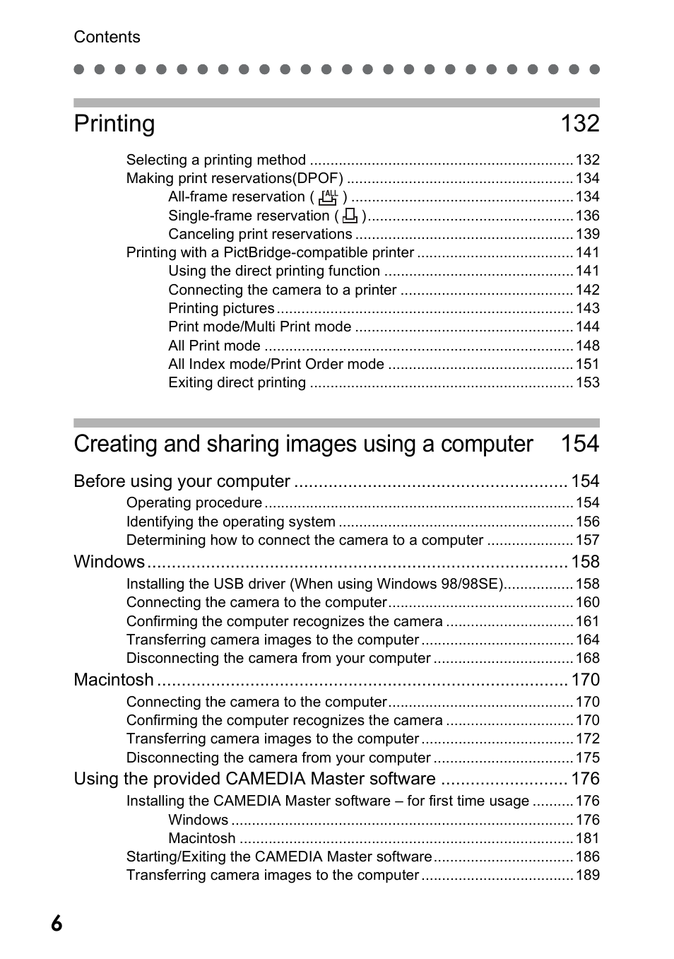 Printing 132, Creating and sharing images using a computer 154 | Olympus Stylus 410 Digital User Manual | Page 6 / 228