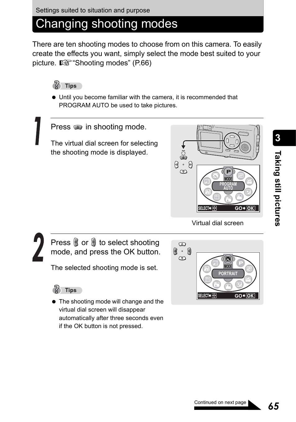Settings suited to situation and purpose, Changing shooting modes, P.65 | Ta k ing still pic tur es | Olympus Stylus 410 Digital User Manual | Page 65 / 228