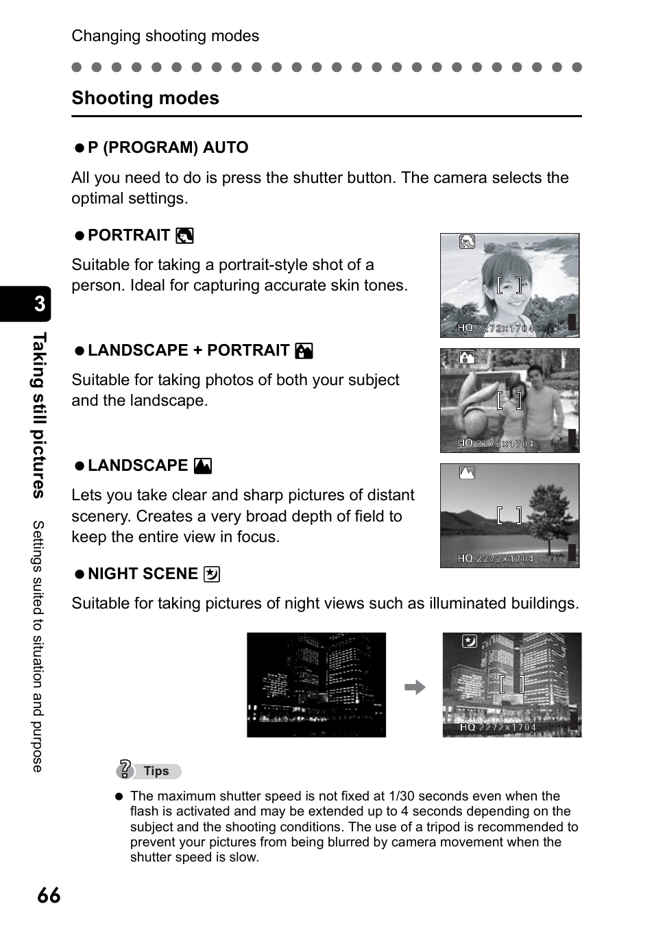 Shooting modes, Ta k ing still pic tur es | Olympus Stylus 410 Digital User Manual | Page 66 / 228