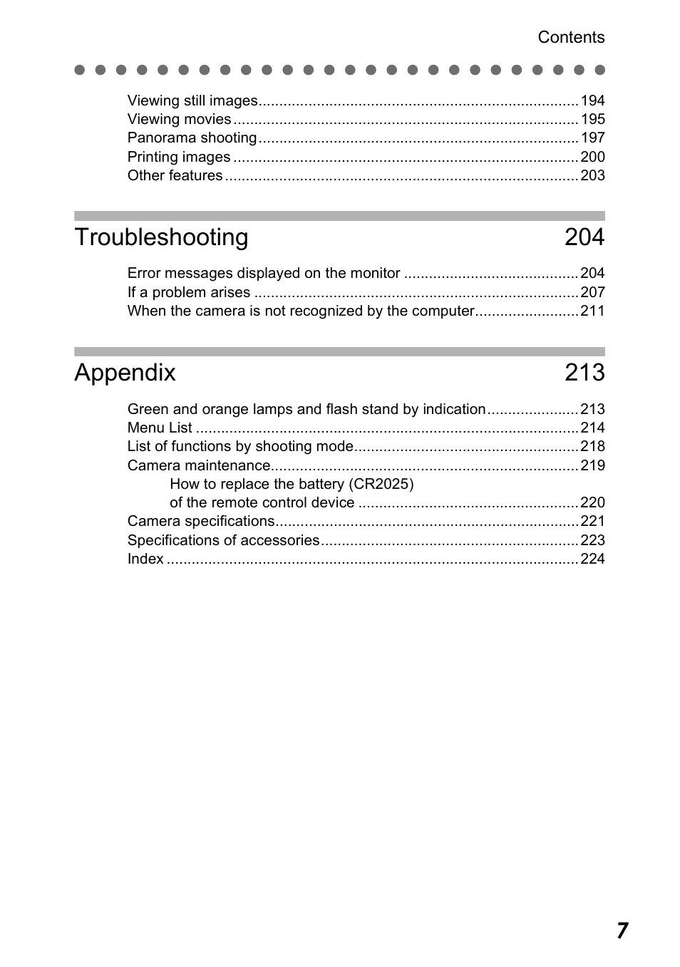 Troubleshooting 204, Appendix 213 | Olympus Stylus 410 Digital User Manual | Page 7 / 228
