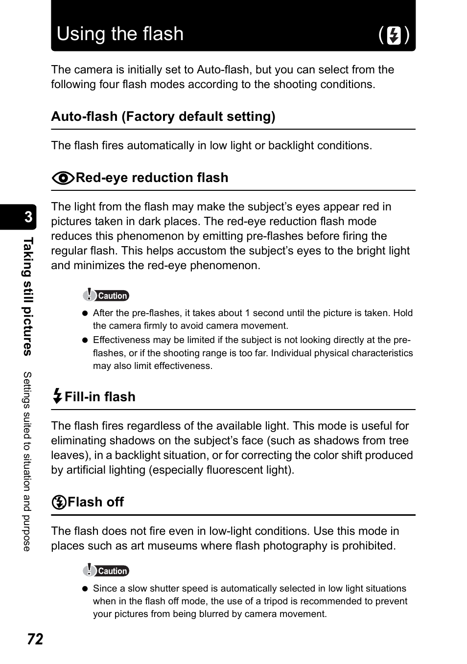 Using the flash, P.72, Using the flash ( ) | Olympus Stylus 410 Digital User Manual | Page 72 / 228
