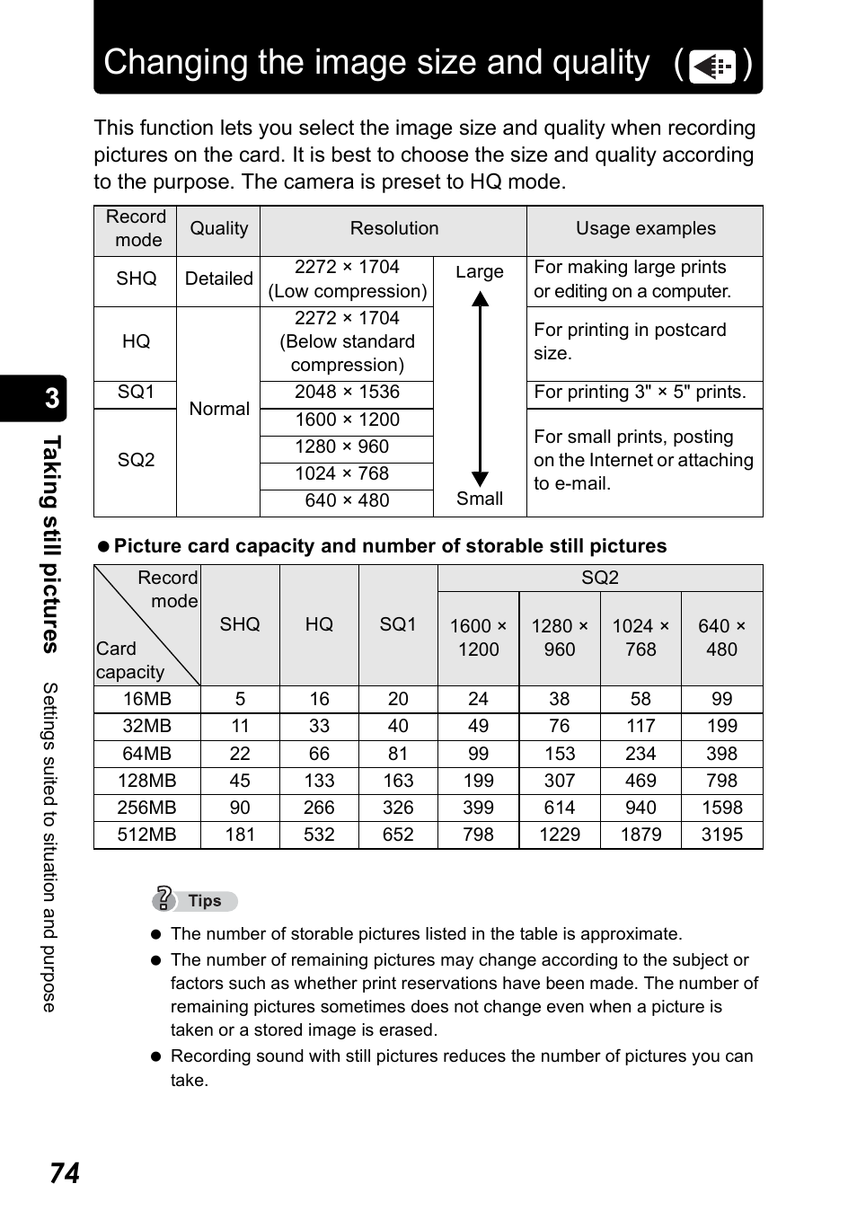 Changing the image size and quality, P.74, Changing the image size and quality ( ) | Ta k ing still pic tur es | Olympus Stylus 410 Digital User Manual | Page 74 / 228