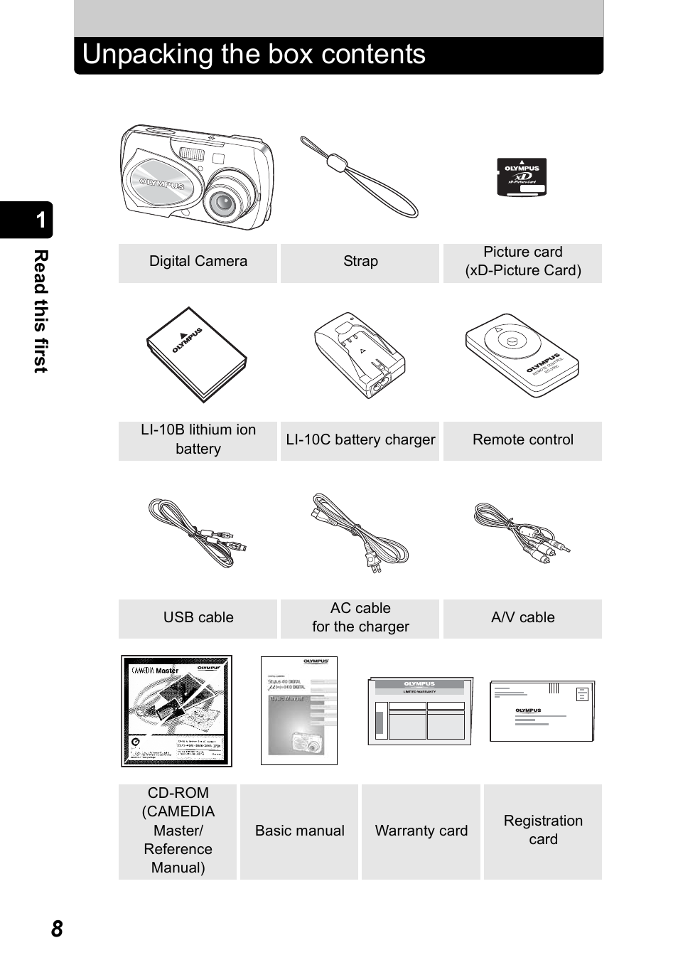 Read this first, Unpacking the box contents, Re ad this firs t | Olympus Stylus 410 Digital User Manual | Page 8 / 228