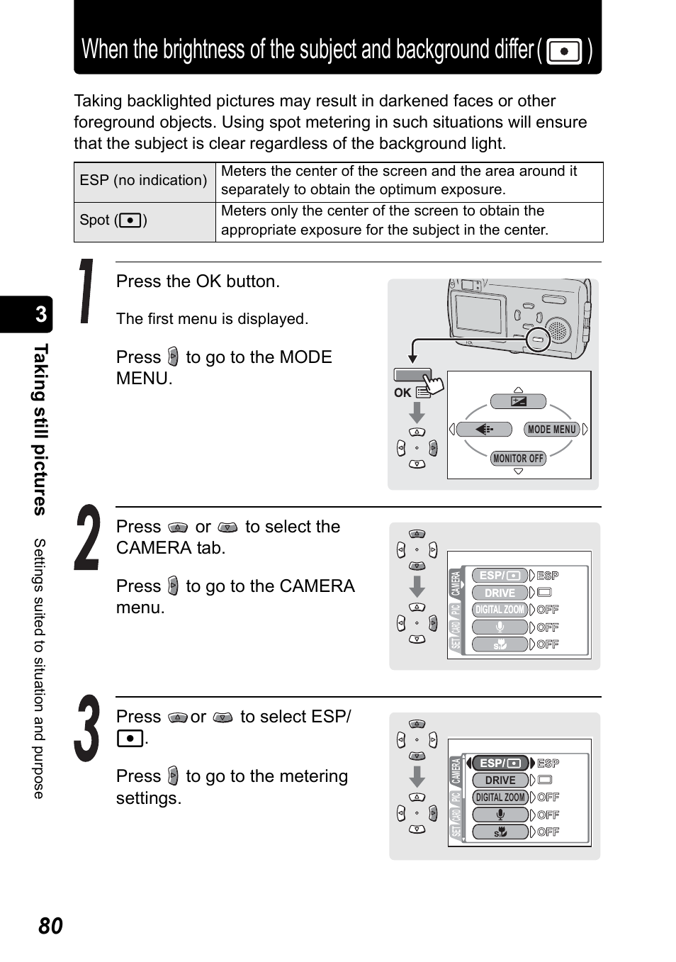 P.80, Ta k ing still pic tur es, Press the ok button | Olympus Stylus 410 Digital User Manual | Page 80 / 228