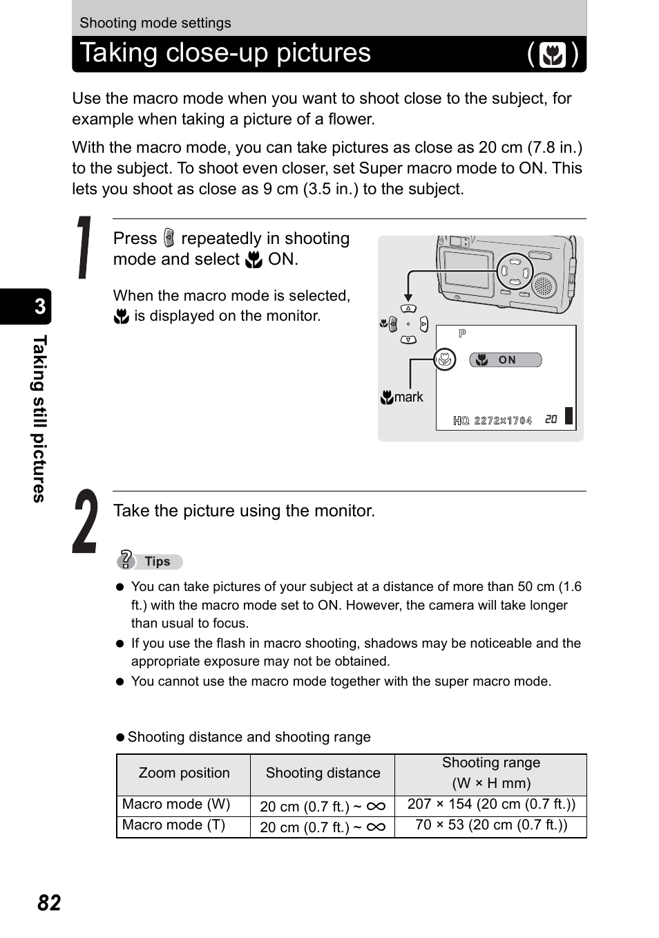 Shooting mode settings, Taking close-up pictures, P.82 | Taking close-up pictures ( ), Ta k ing still pic tur es | Olympus Stylus 410 Digital User Manual | Page 82 / 228