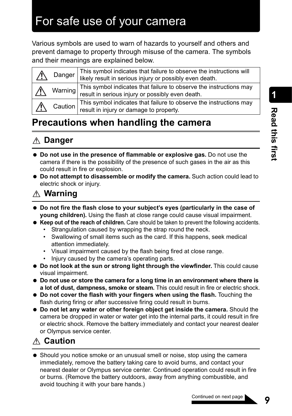 For safe use of your camera, Precautions when handling the camera, Danger | Warning, Caution, Re ad this firs t | Olympus Stylus 410 Digital User Manual | Page 9 / 228