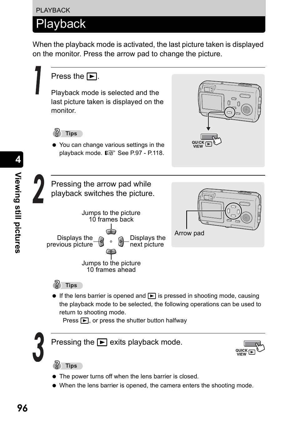 Viewing still pictures, Playback | Olympus Stylus 410 Digital User Manual | Page 96 / 228