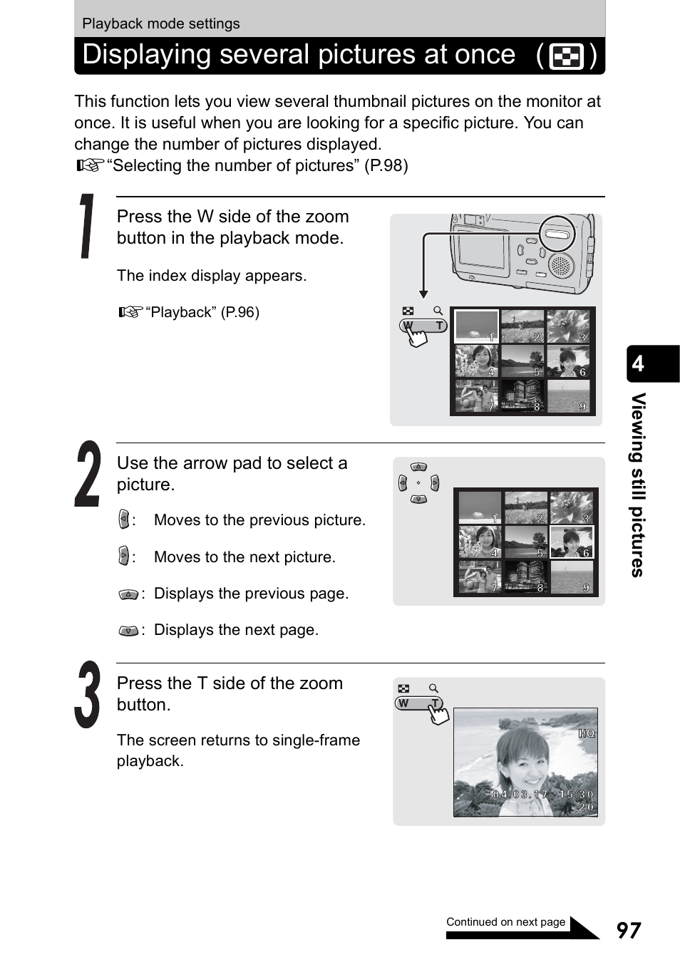 Playback mode settings, Displaying several pictures at once, E p.97 - p | Displaying several pictures at once ( ) | Olympus Stylus 410 Digital User Manual | Page 97 / 228