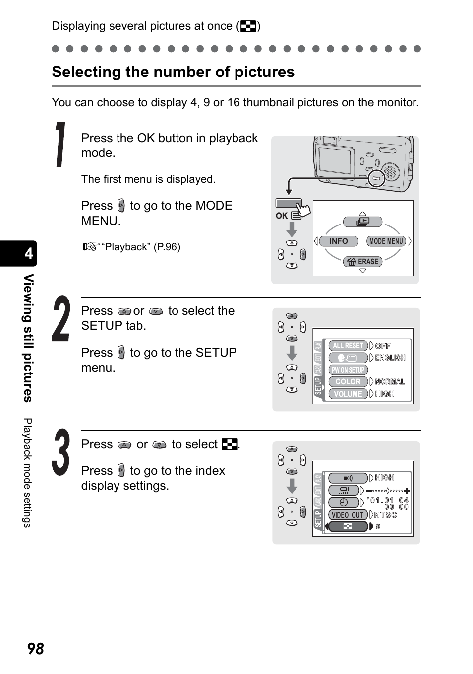 Selecting the number of pictures, Vie w ing s till pic tur e s, Press the ok button in playback mode | Press to go to the mode menu, Displaying several pictures at once (g) | Olympus Stylus 410 Digital User Manual | Page 98 / 228