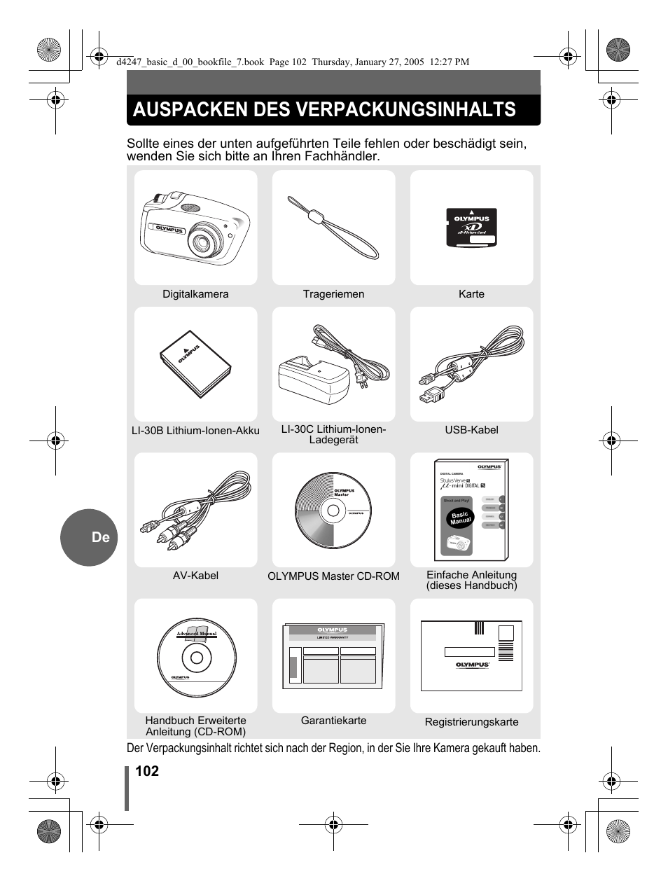 Auspacken des verpackungsinhalts, 102 de | Olympus Stylus Verve S User Manual | Page 102 / 124