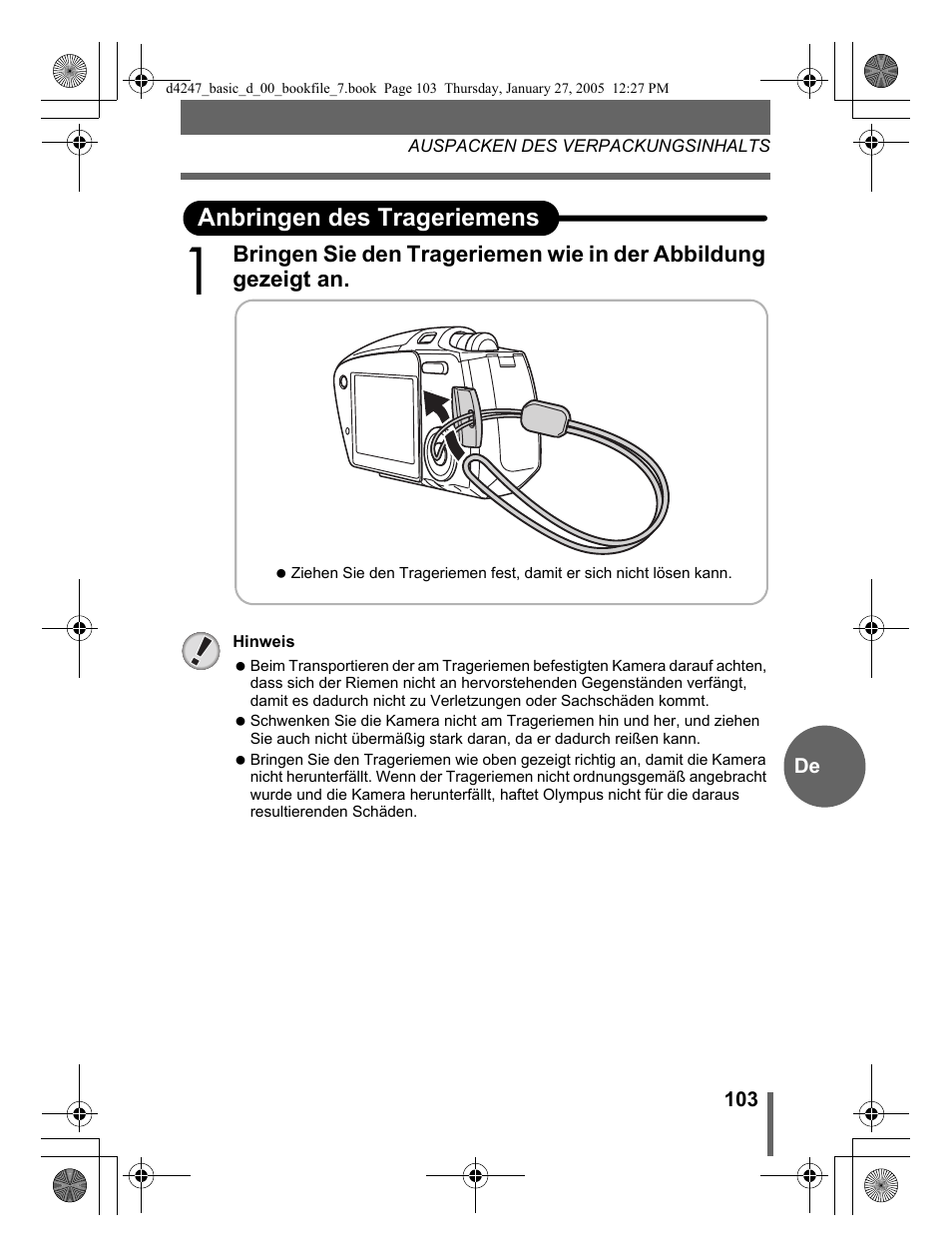 Anbringen des trageriemens | Olympus Stylus Verve S User Manual | Page 103 / 124