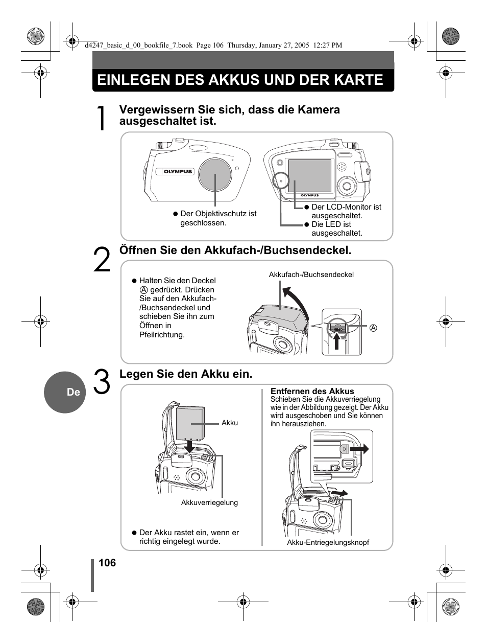 Einlegen des akkus und der karte | Olympus Stylus Verve S User Manual | Page 106 / 124