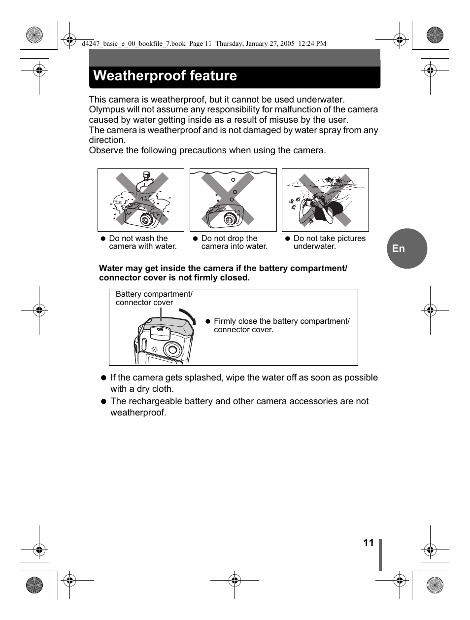 Weatherproof feature | Olympus Stylus Verve S User Manual | Page 11 / 124