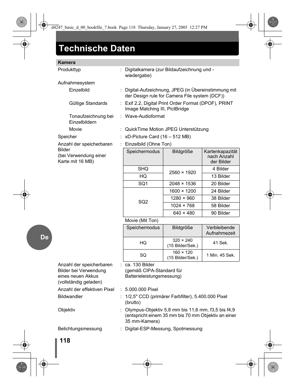 Technische daten, 118 de | Olympus Stylus Verve S User Manual | Page 118 / 124
