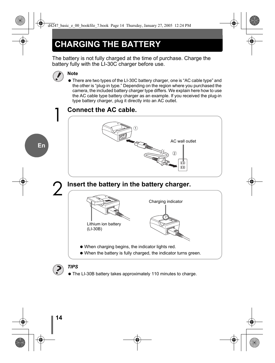 Charging the battery | Olympus Stylus Verve S User Manual | Page 14 / 124