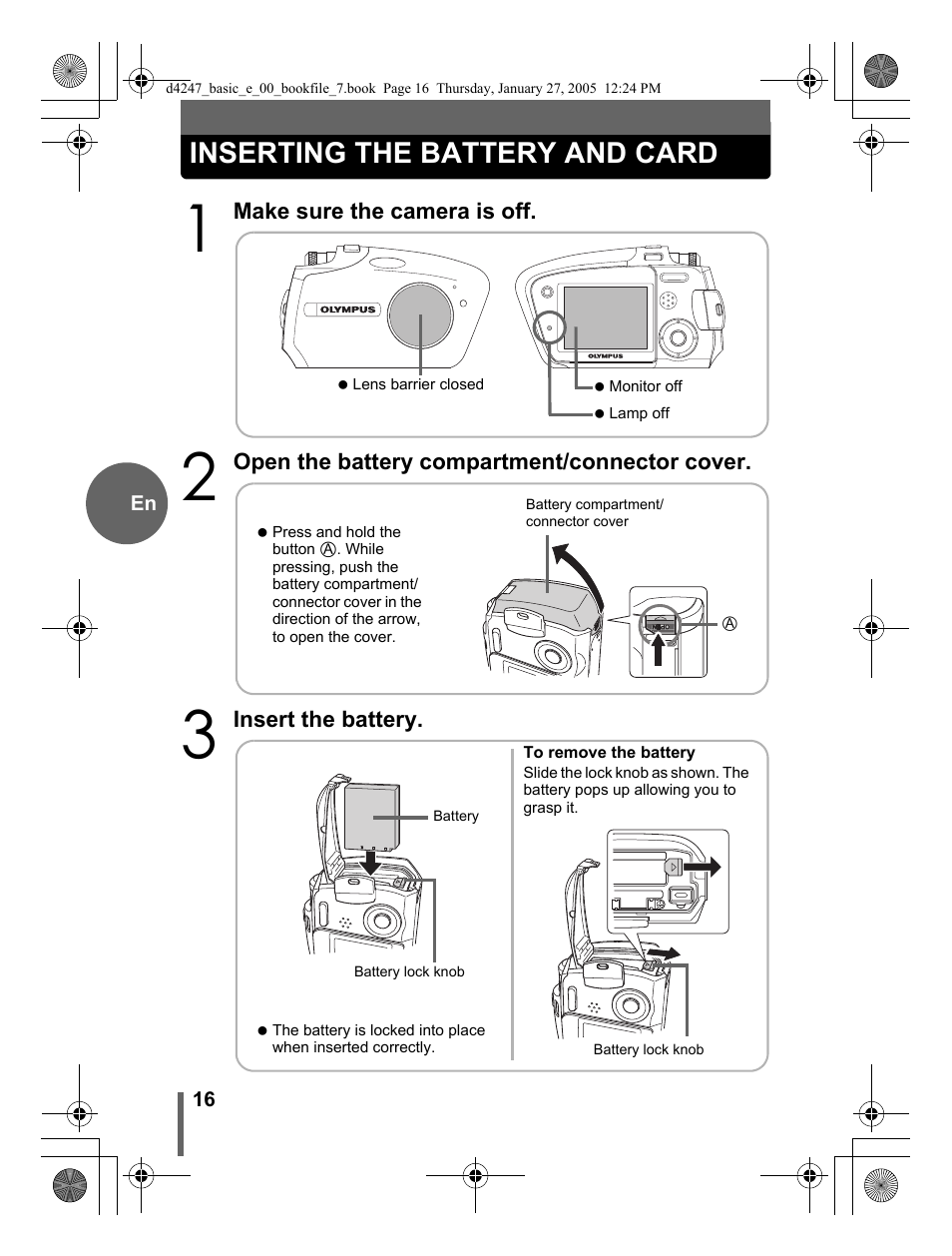 Inserting the battery and card | Olympus Stylus Verve S User Manual | Page 16 / 124