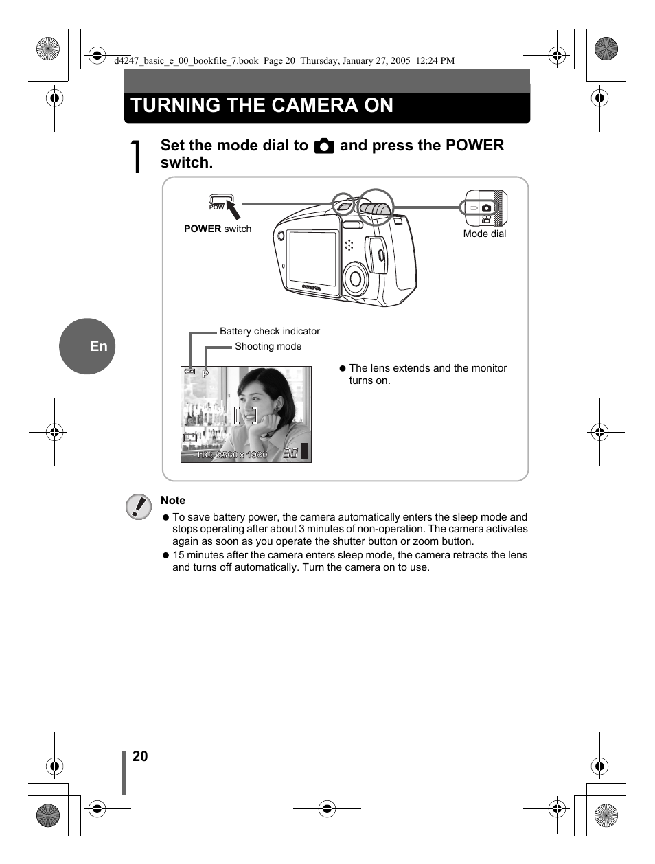 Turning the camera on, Set the mode dial to k and press the power switch | Olympus Stylus Verve S User Manual | Page 20 / 124