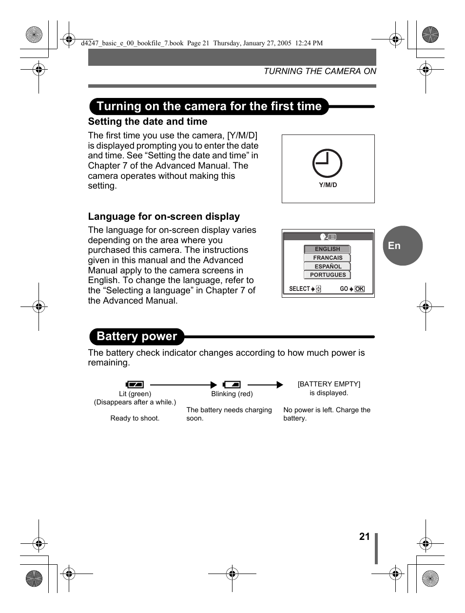 Turning on the camera for the first time, Battery power, 21 en setting the date and time | Language for on-screen display | Olympus Stylus Verve S User Manual | Page 21 / 124
