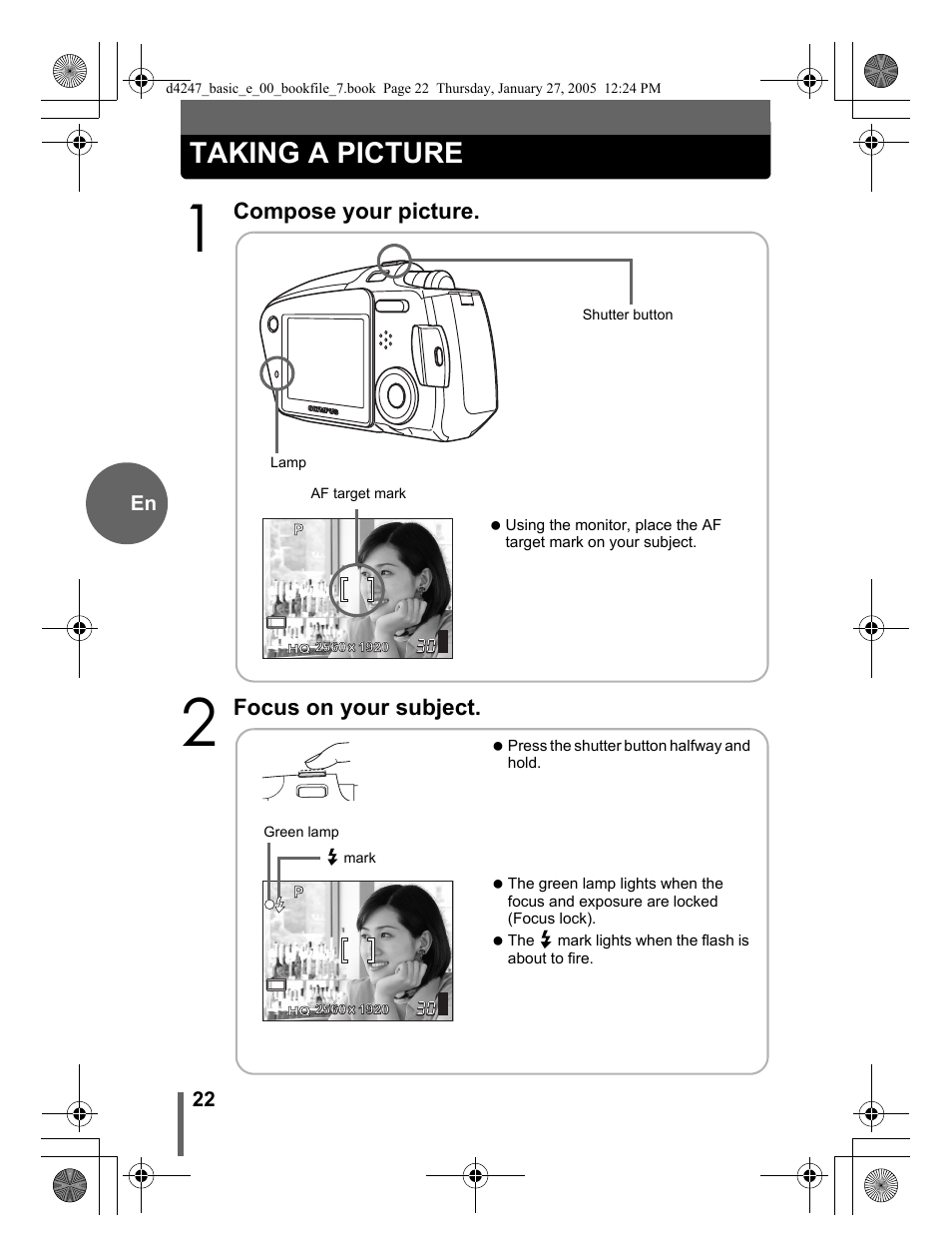 Taking a picture, Compose your picture, Focus on your subject | Olympus Stylus Verve S User Manual | Page 22 / 124