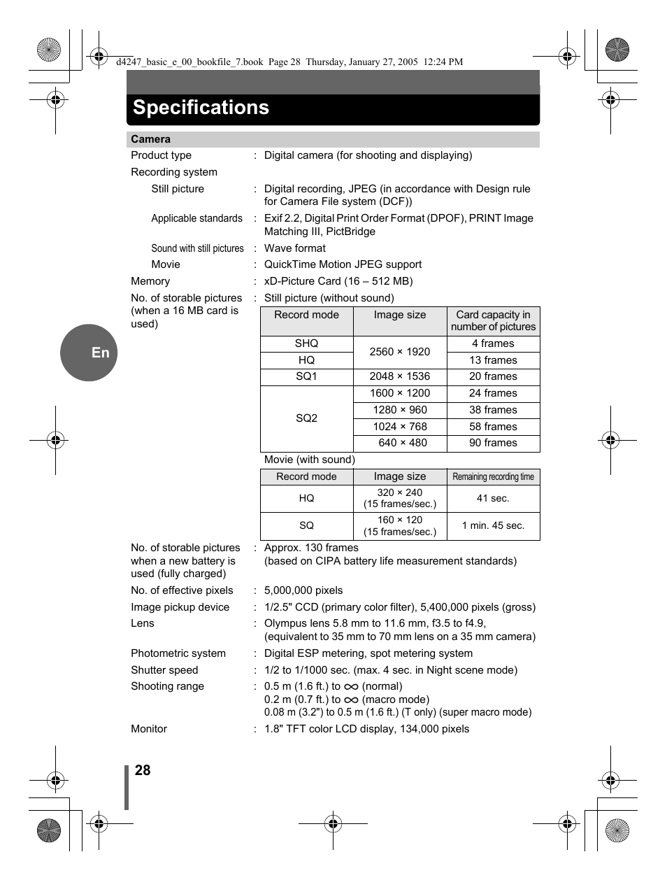 Specifications, 28 en | Olympus Stylus Verve S User Manual | Page 28 / 124