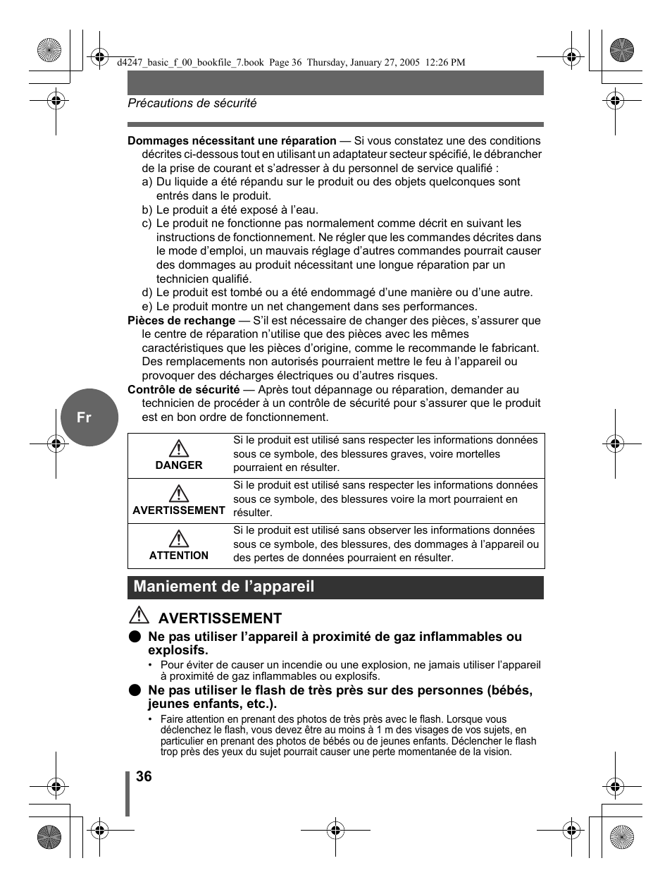 Maniement de l’appareil, 36 fr, Avertissement | Olympus Stylus Verve S User Manual | Page 36 / 124