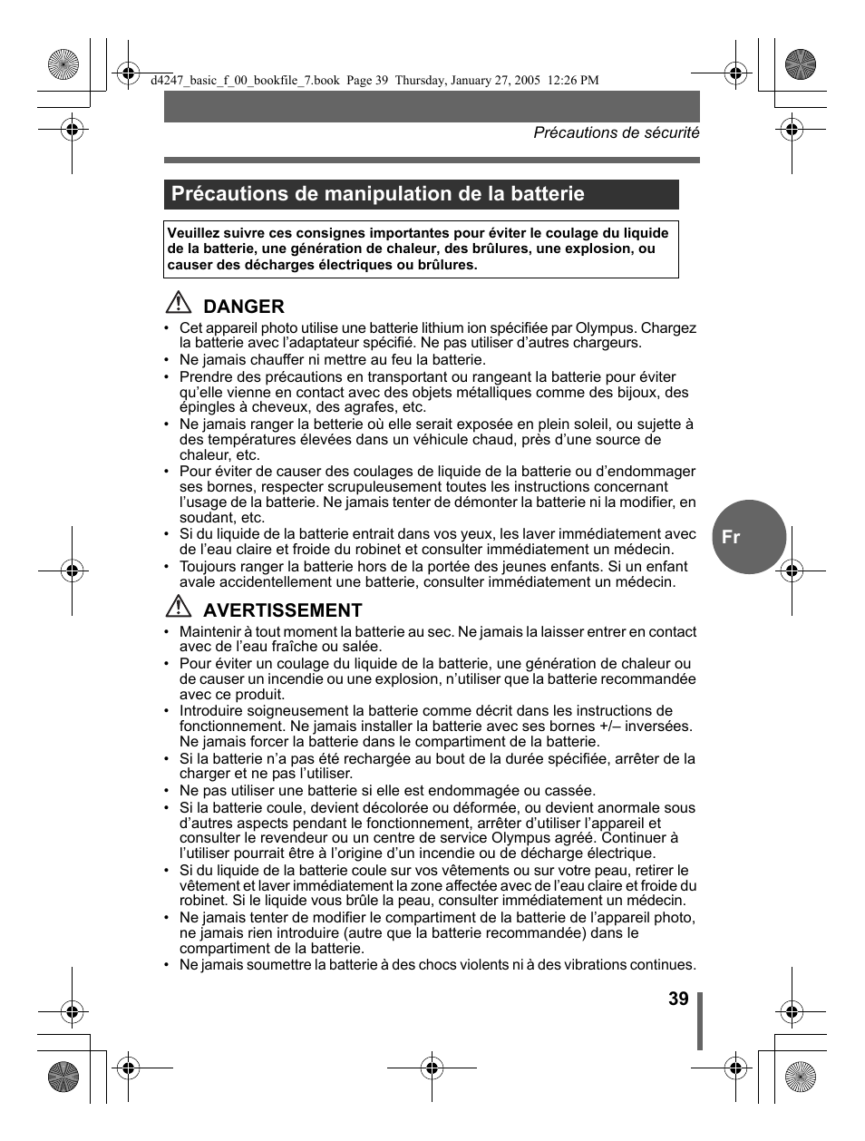 Précautions de manipulation de la batterie, 39 fr danger, Avertissement | Olympus Stylus Verve S User Manual | Page 39 / 124