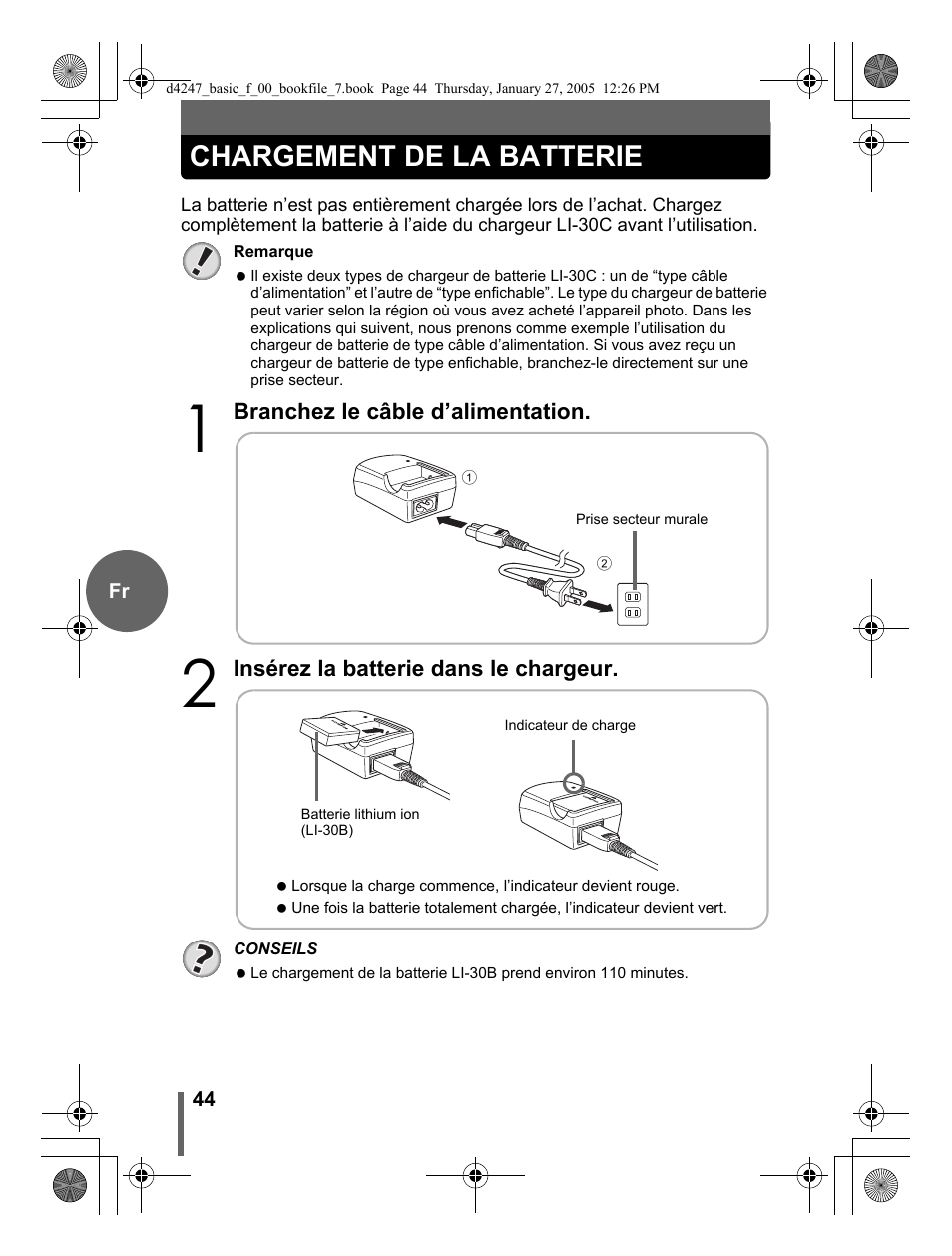 Chargement de la batterie | Olympus Stylus Verve S User Manual | Page 44 / 124