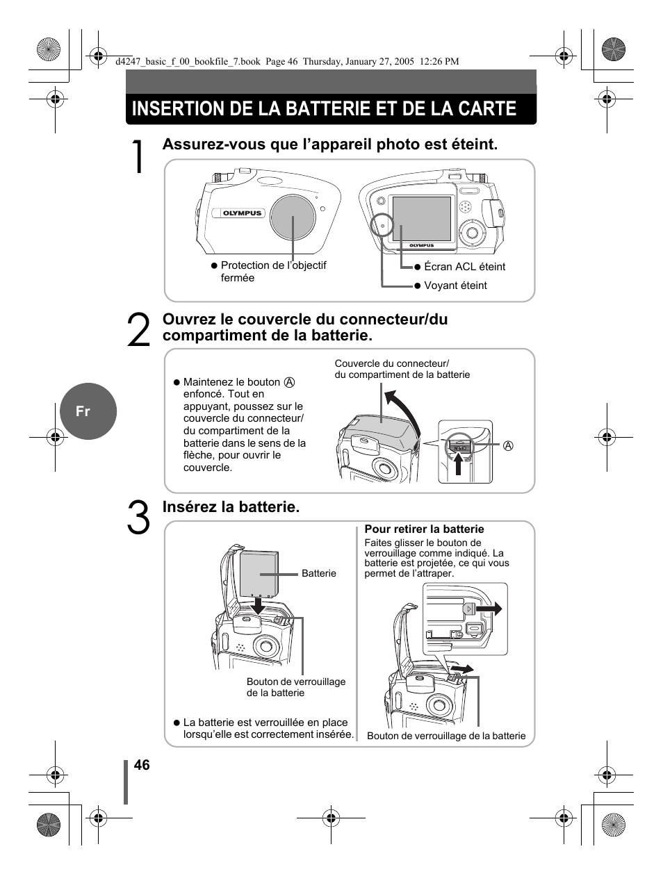 Insertion de la batterie et de la carte | Olympus Stylus Verve S User Manual | Page 46 / 124