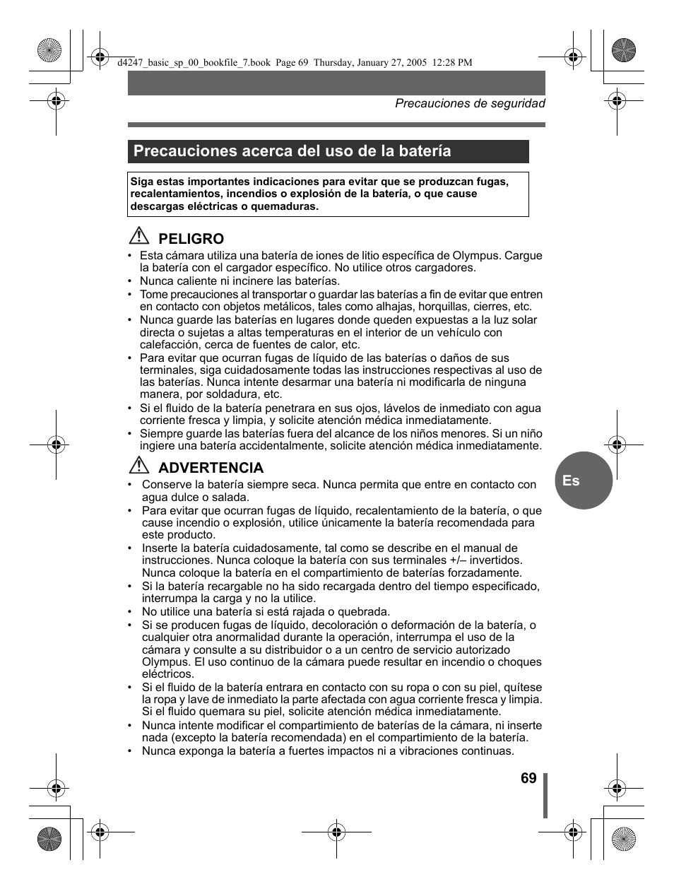 Precauciones acerca del uso de la batería, 69 es peligro, Advertencia | Olympus Stylus Verve S User Manual | Page 69 / 124