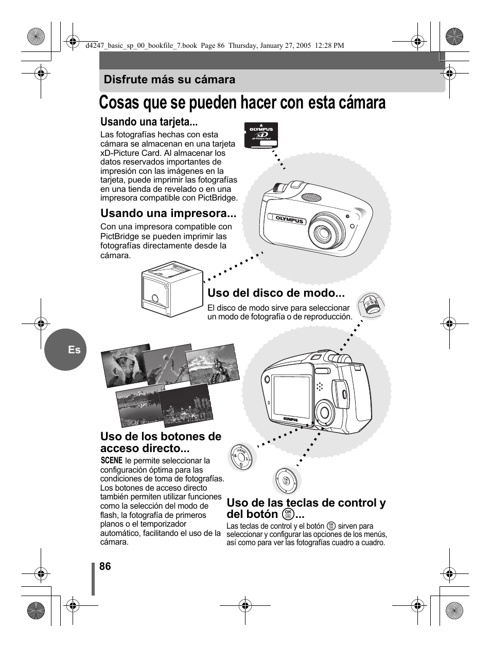 Cosas que se pueden hacer con esta cámara, Disfrute más su cámara, Usando una tarjeta | Usando una impresora, Uso del disco de modo, Uso de las teclas de control y del botón e, Uso de los botones de acceso directo | Olympus Stylus Verve S User Manual | Page 86 / 124