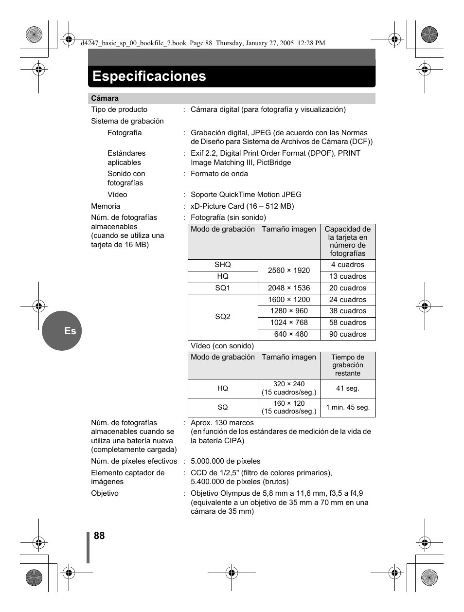 Especificaciones, 88 es | Olympus Stylus Verve S User Manual | Page 88 / 124